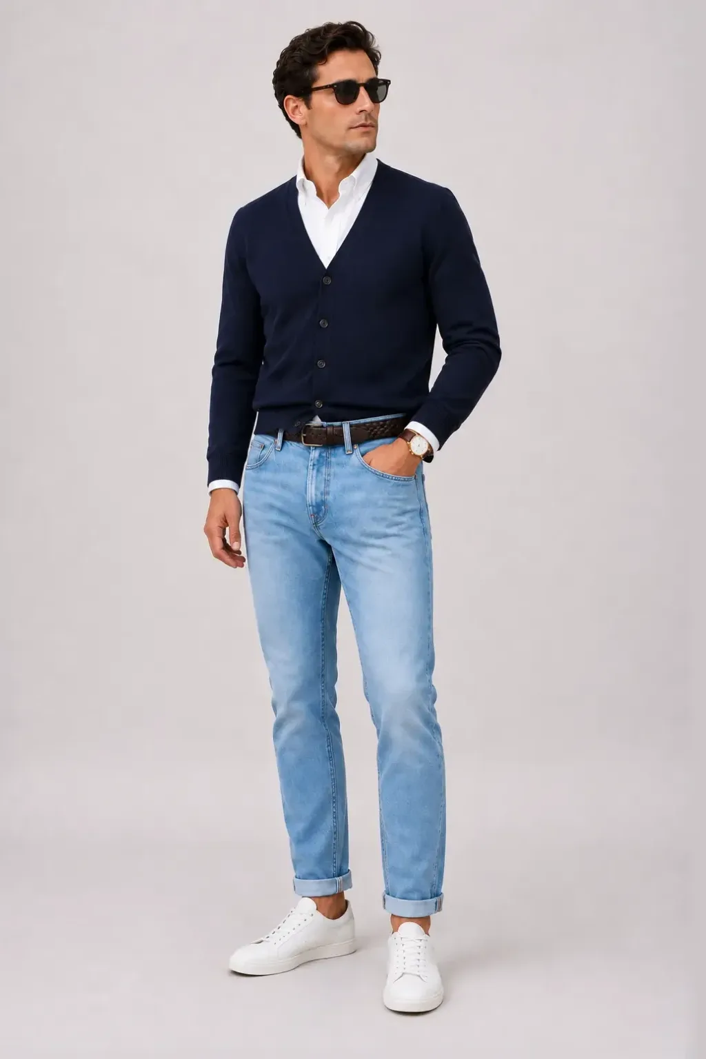 Cardigan Navy über T-Shirt, dazu Jeans Hellblau und Sneaker — Button-Down-Hemd Weiss