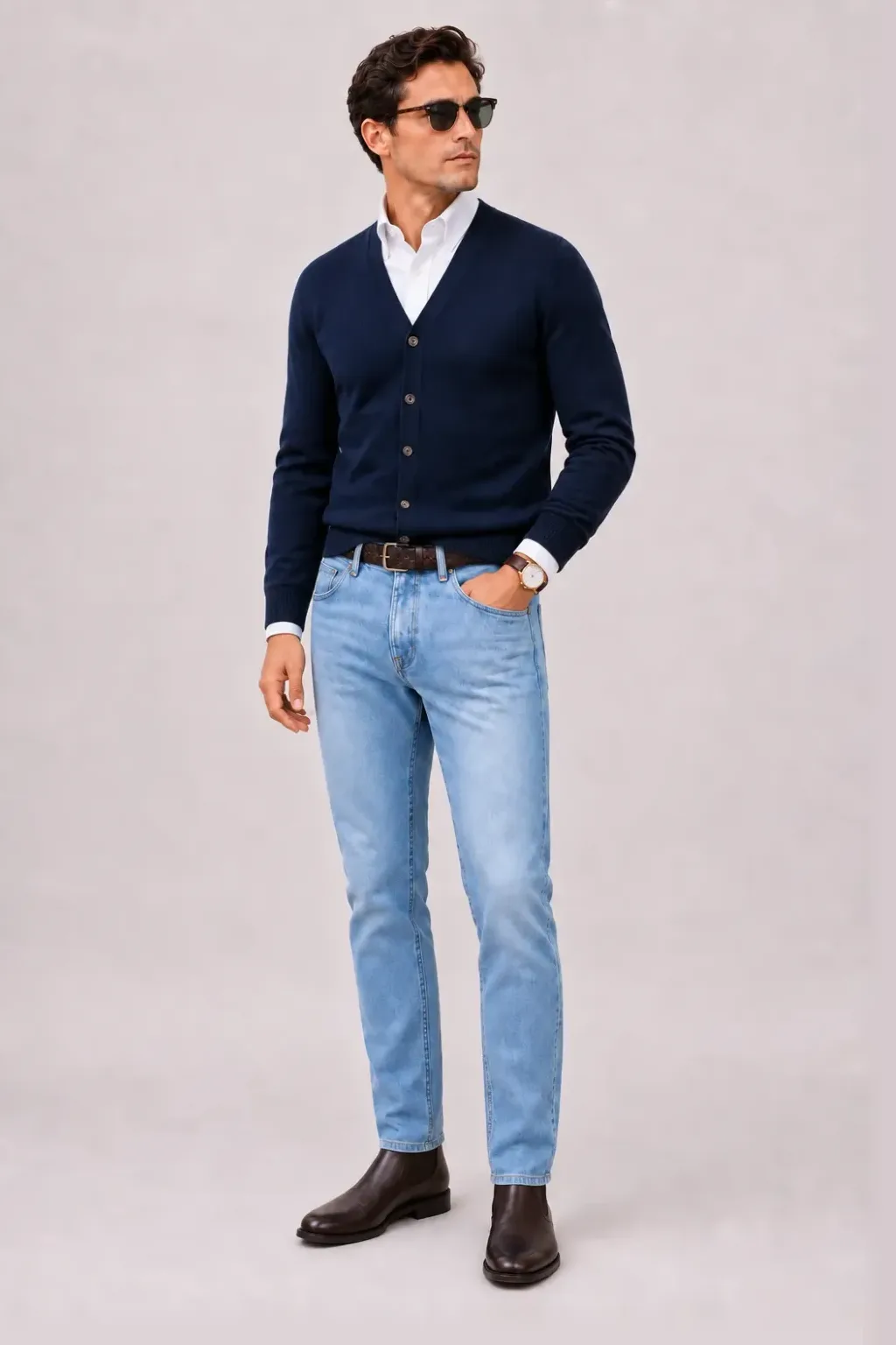 Cardigan Navy über Button-Down-Hemd, dazu Jeans Hellblau und Sneaker
