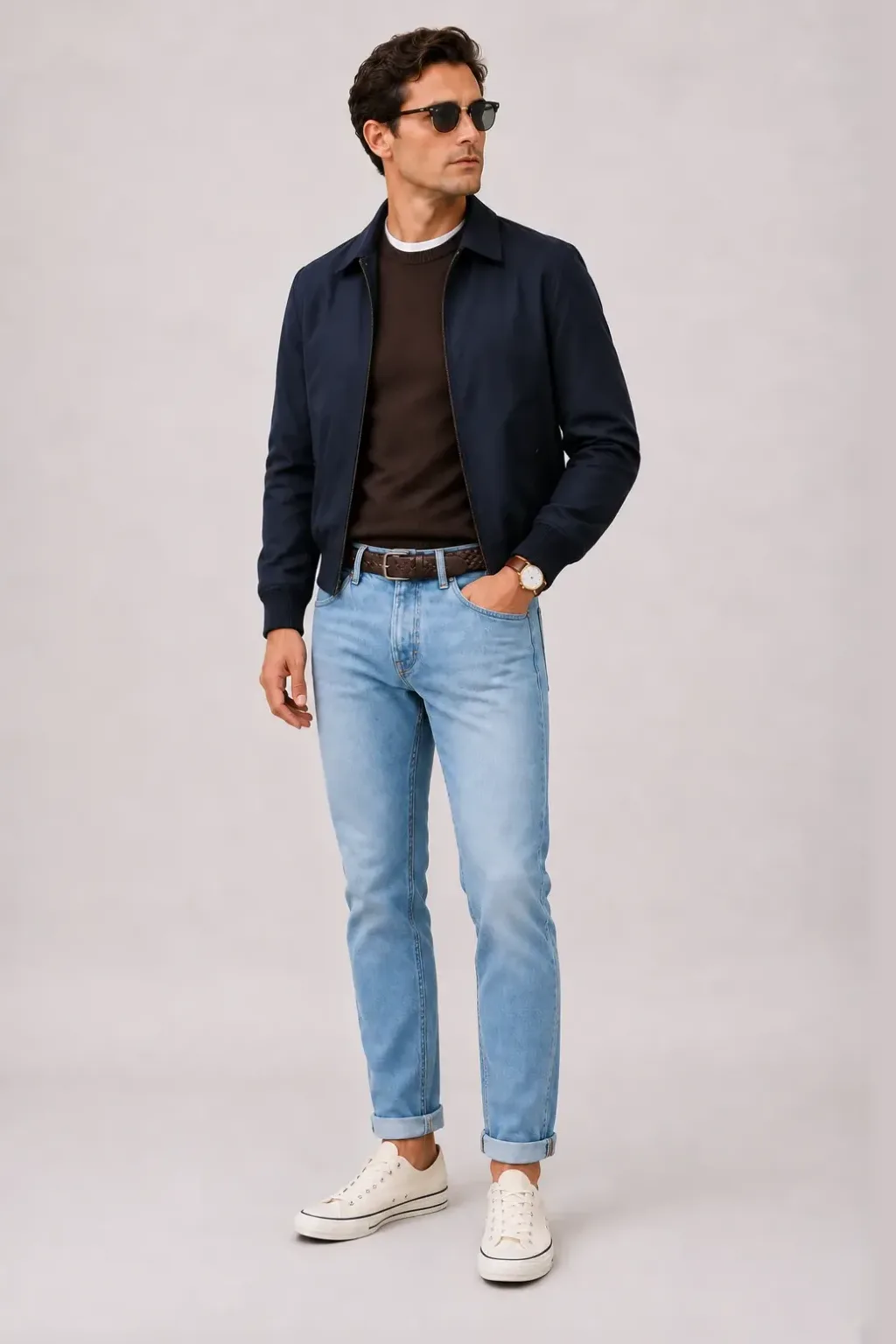 Harrington Blouson Navy über Crewneck-Pullover Feinstrick, dazu Jeans Hellblau und Canvas Sneaker