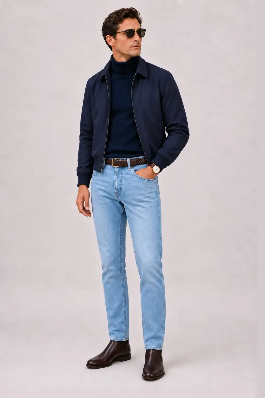 Harrington Blouson Navy über Rollkragenpullover, dazu Jeans Hellblau und Chelsea Boot
