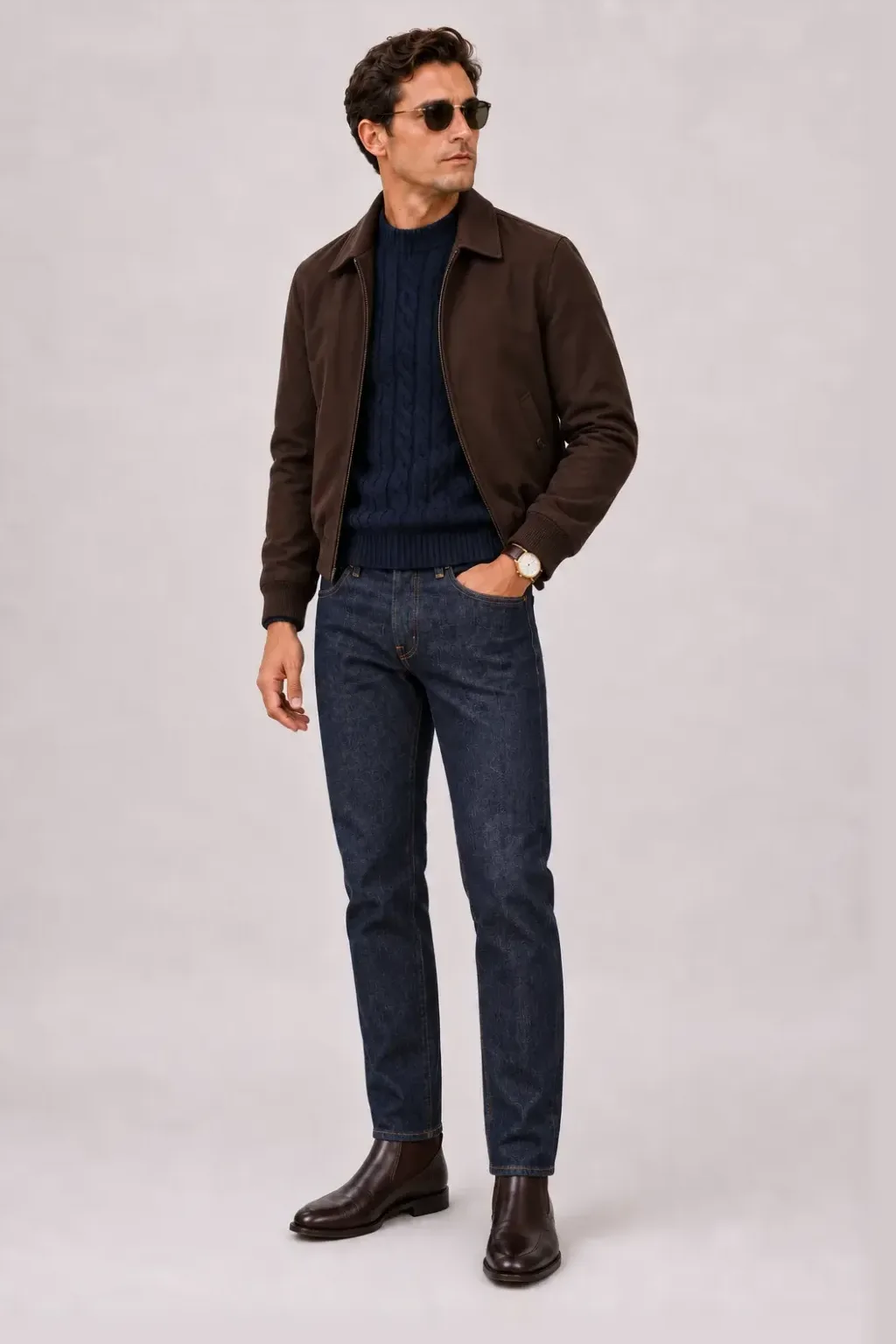 Harrington Blouson Dunkelbraun über Zopfstrick-Pullover, dazu Jeans Navy und Chelsea Boot