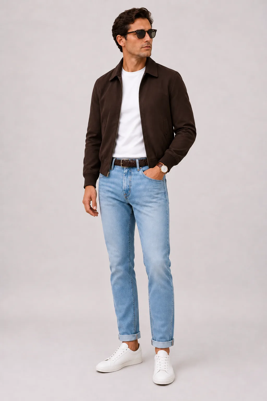 Harrington Blouson Dunkelbraun über Crewneck-Pullover Feinstrick, dazu Jeans Hellblau und Sneaker — T-Shirt Weiss