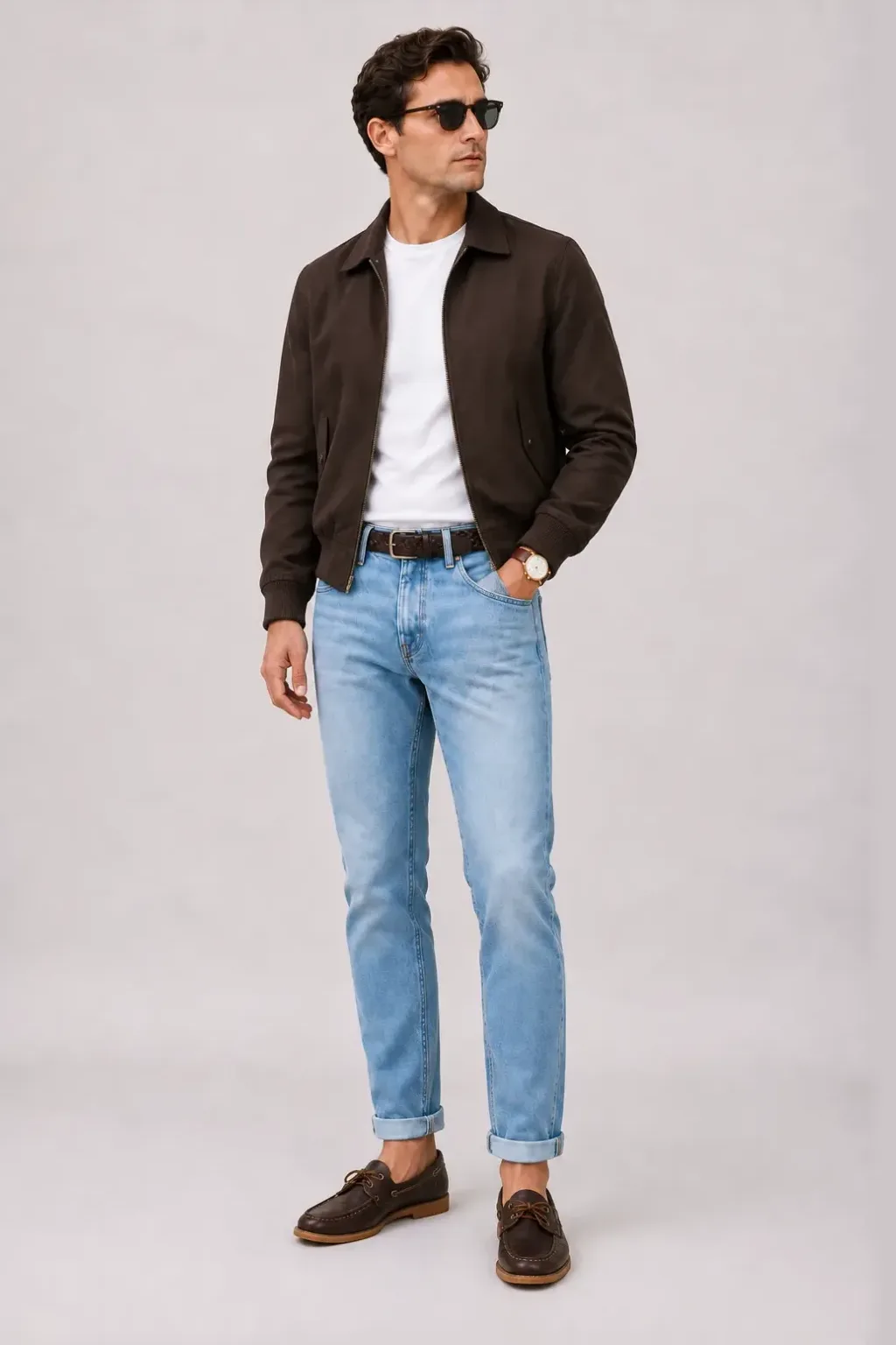 Harrington Blouson Dunkelbraun über T-Shirt, dazu Jeans Hellblau und Sneaker