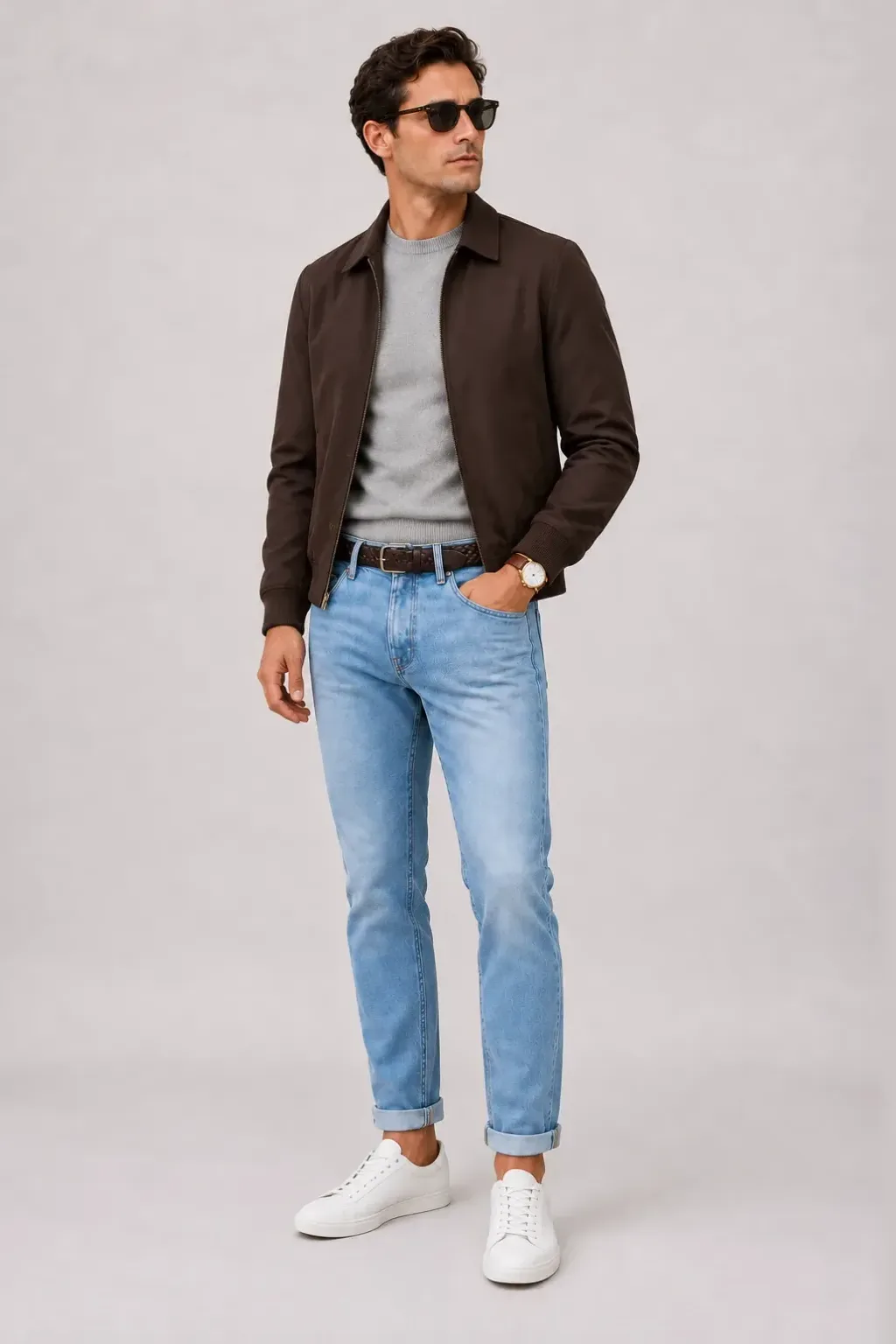 Harrington Blouson Dunkelbraun über Crewneck-Pullover Feinstrick, dazu Jeans Hellblau und Sneaker