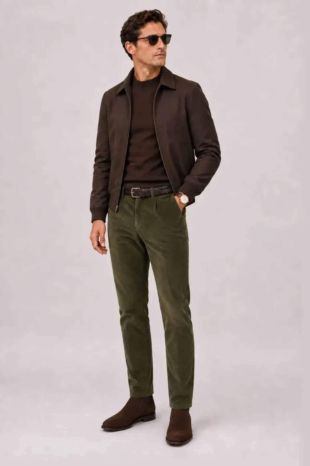 Lederjacke Dunkelbraun über Rollkragenpullover Walnuss, dazu Chino Oliv und Chelsea Boot — ≈ Crewneck-Pullover Feinstrick statt Rollkragenpullover Harrington Blouson statt Lederjacke +2