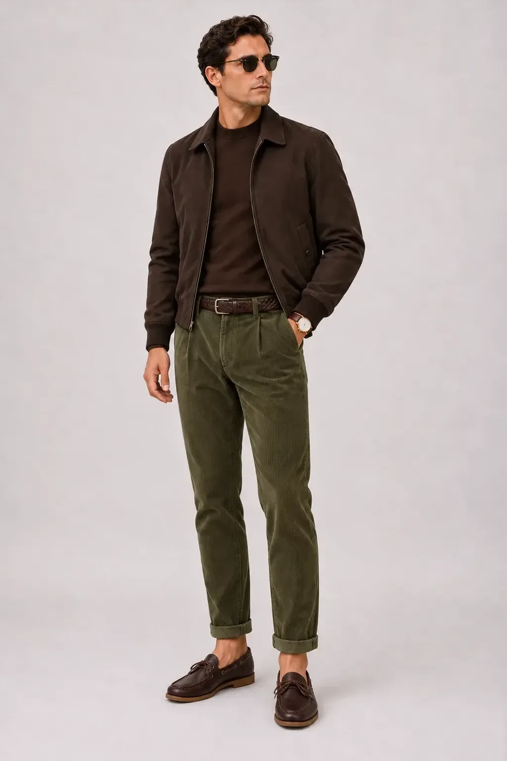 Harrington Blouson Dunkelbraun über Crewneck-Pullover Feinstrick, dazu Cordhose Oliv und Chelsea Boot Wildleder