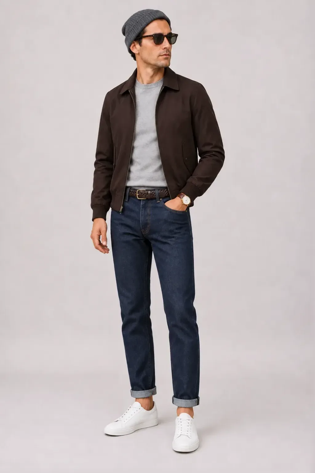 Harrington Blouson Dunkelbraun über Crewneck-Pullover Feinstrick, dazu Jeans Navy und Sneaker