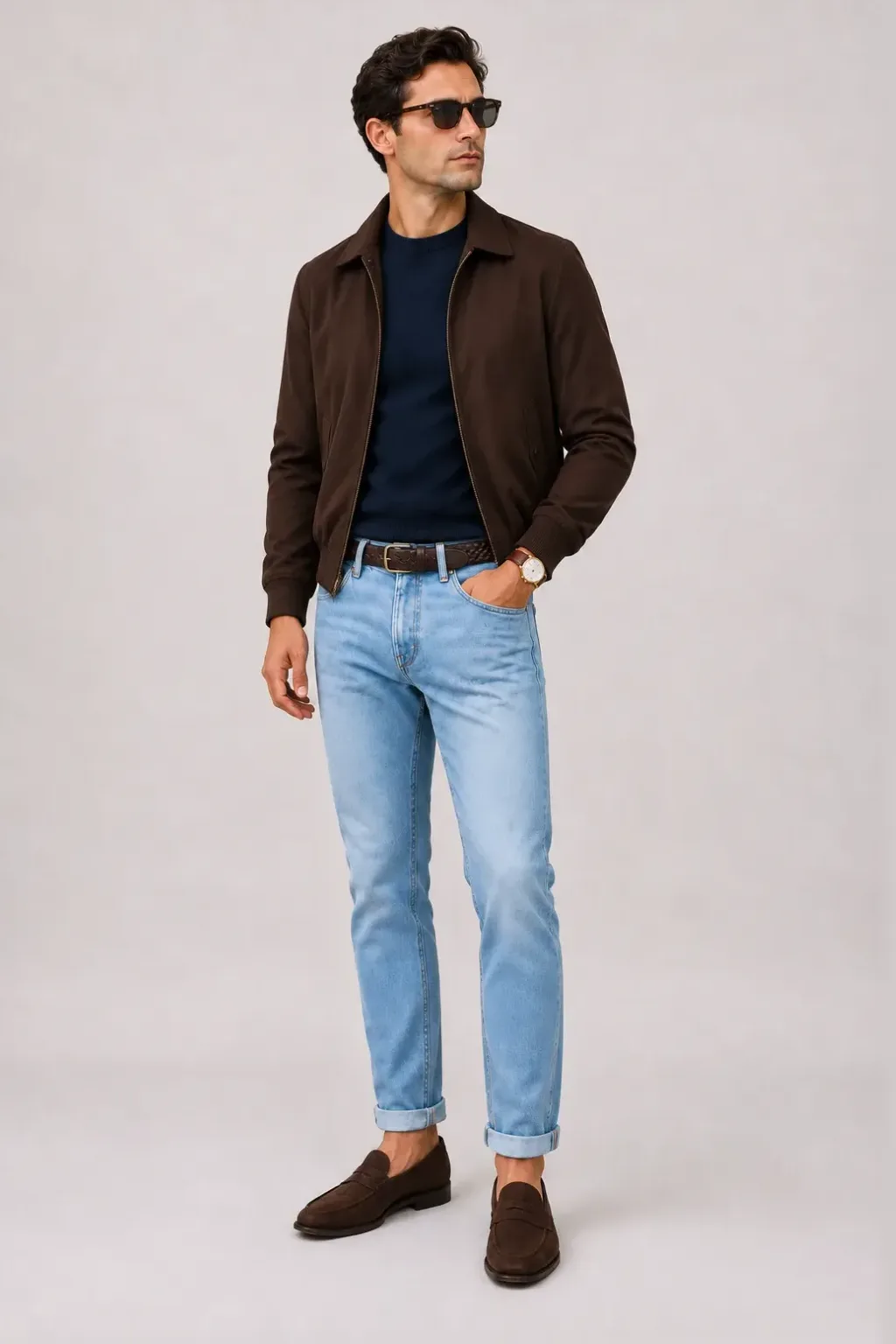 Harrington Blouson Dunkelbraun über Crewneck-Pullover Feinstrick, dazu Jeans Hellblau und Penny Loafer Wildleder