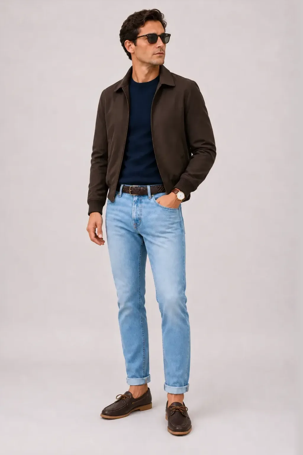 Harrington Blouson Dunkelbraun über Crewneck-Pullover Feinstrick, dazu Jeans Hellblau und Penny Loafer Wildleder — Bootsschuh Dunkelbraun