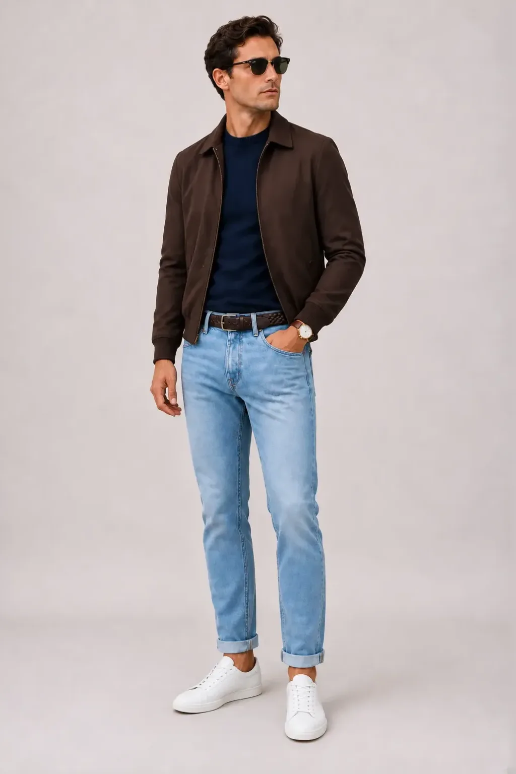 Harrington Blouson Dunkelbraun über Crewneck-Pullover Feinstrick, dazu Jeans Hellblau und Penny Loafer Wildleder