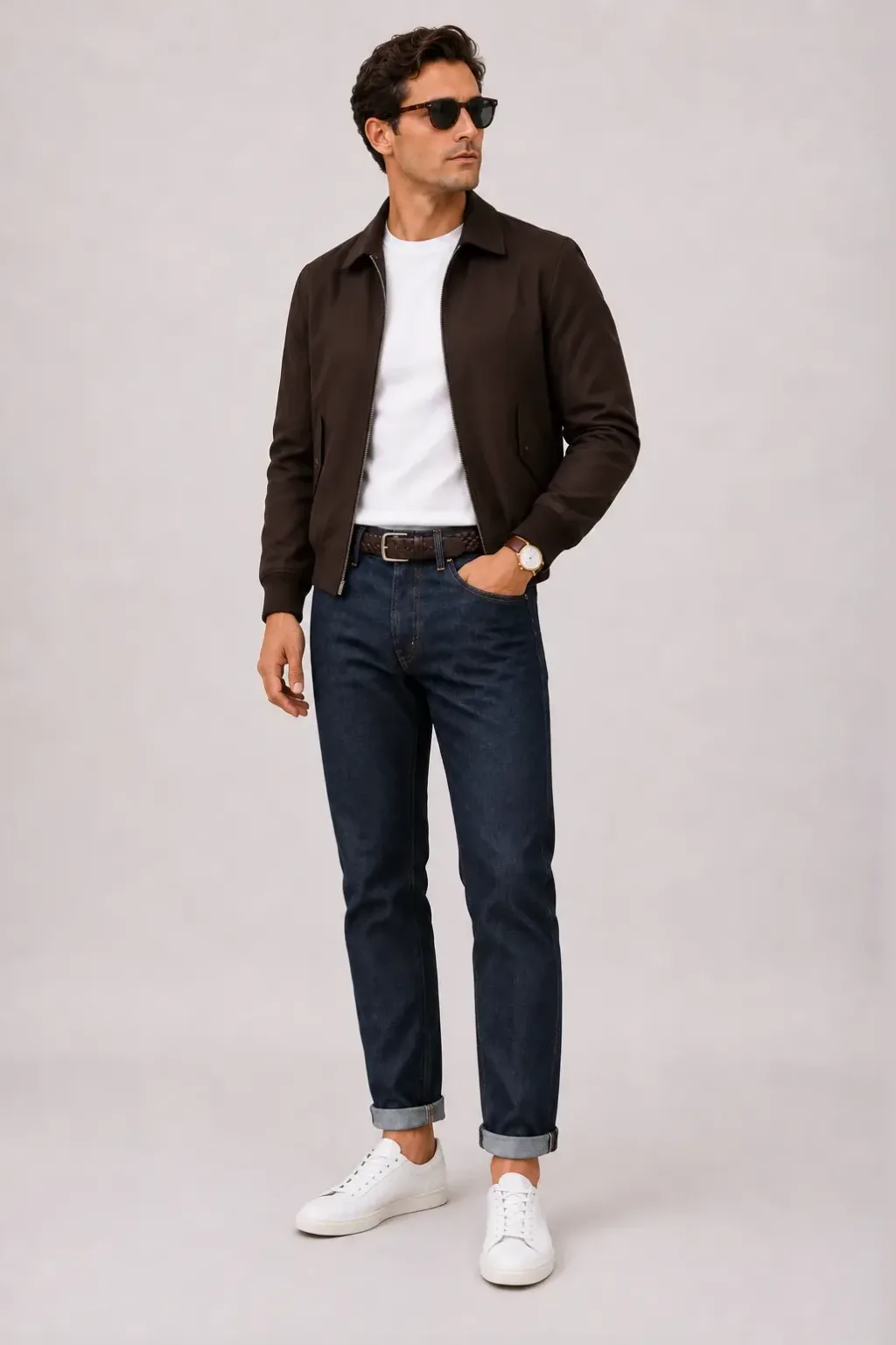 Harrington Blouson Dunkelbraun über T-Shirt, dazu Jeans Navy und Sneaker