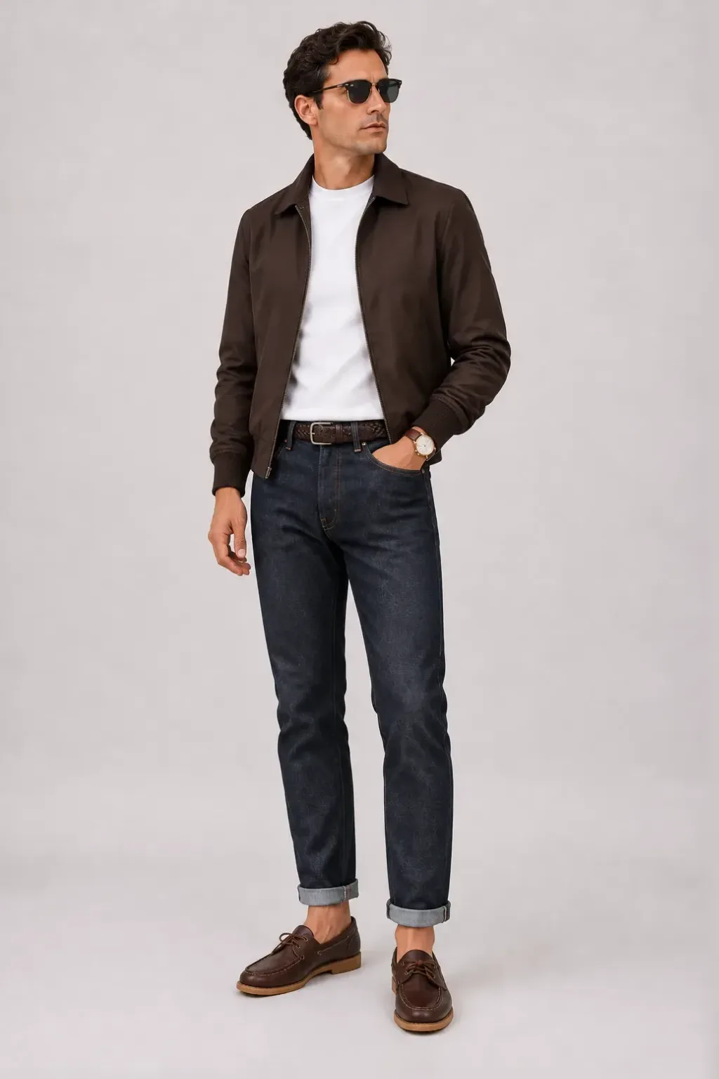 Harrington Blouson Dunkelbraun über T-Shirt, dazu Jeans Navy und Sneaker