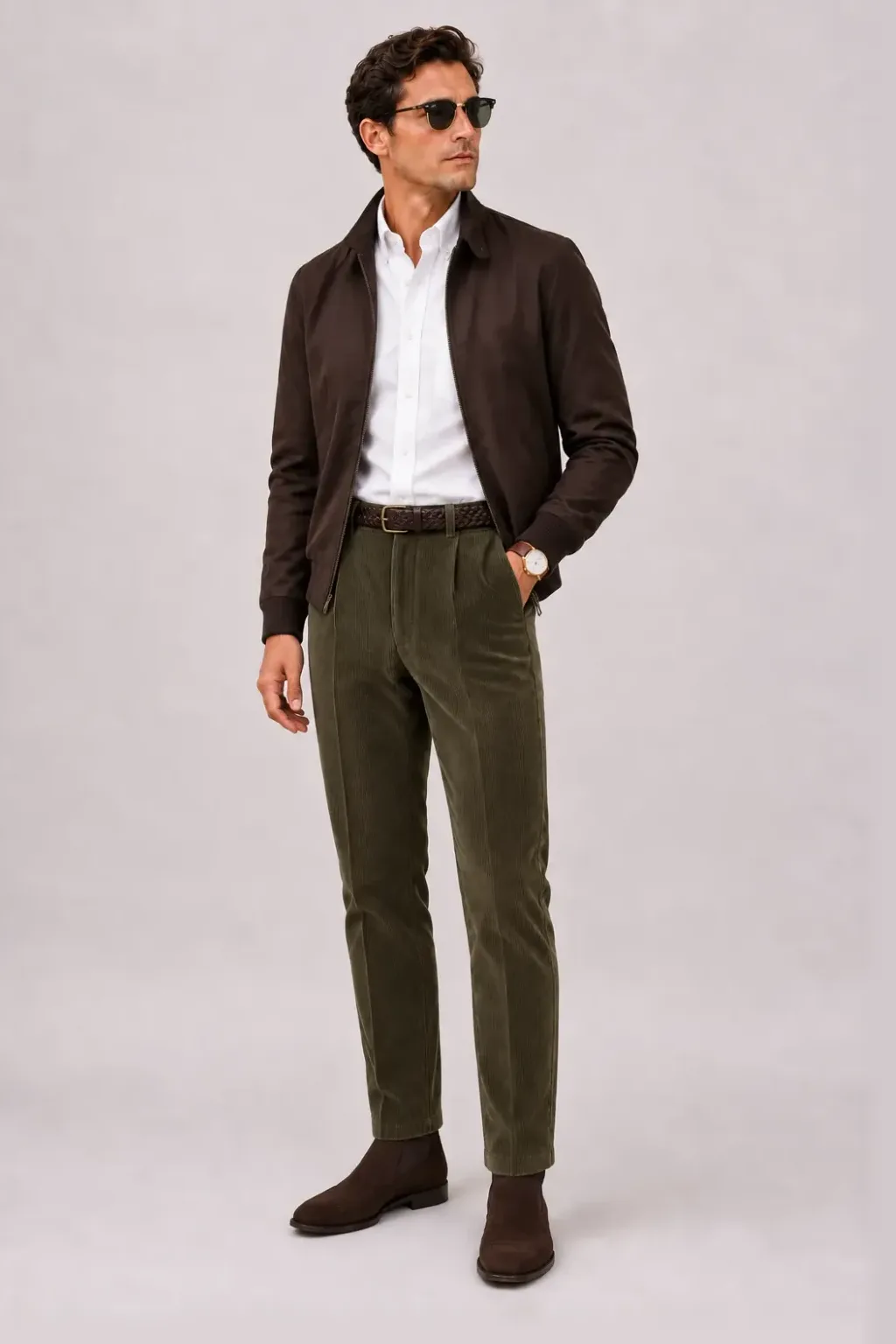 Harrington Blouson Dunkelbraun über Button-Down-Hemd, dazu Cordhose Oliv und Chelsea Boot Wildleder