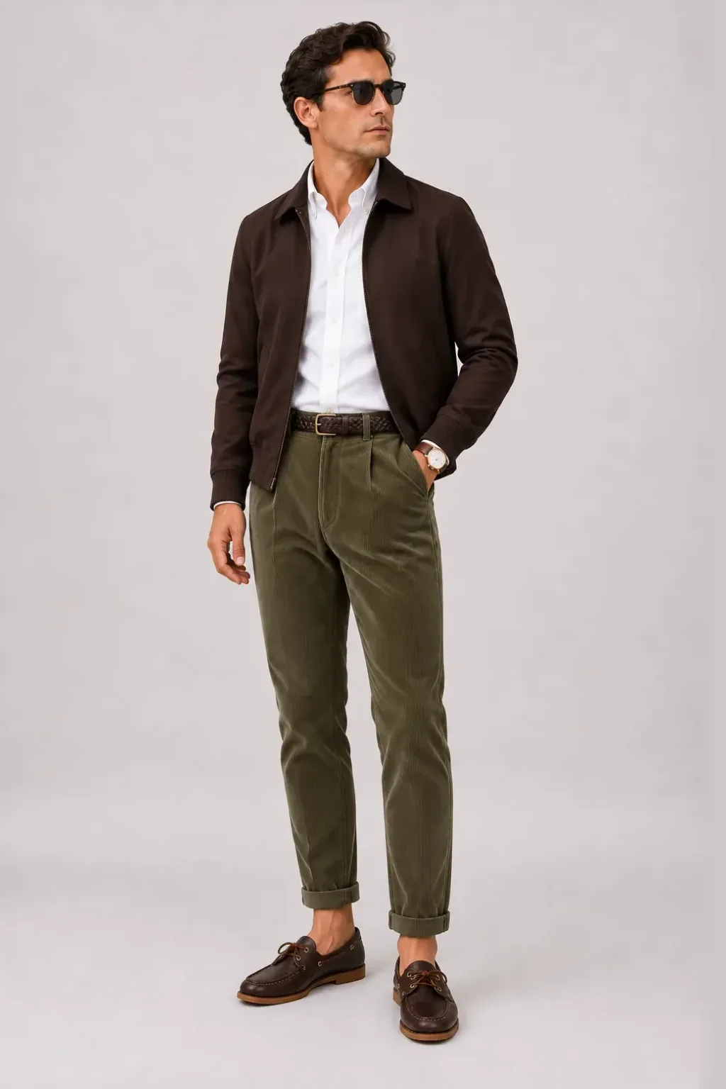 Harrington Blouson Dunkelbraun über Button-Down-Hemd, dazu Cordhose Oliv und Chelsea Boot Wildleder