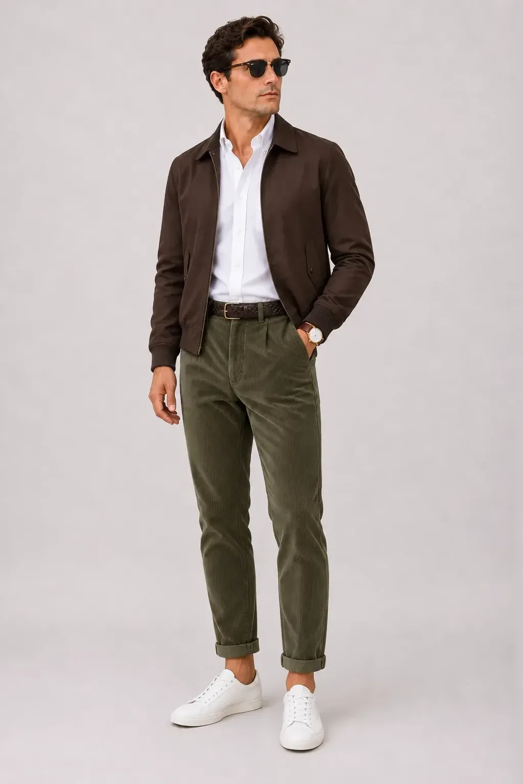 Harrington Blouson Dunkelbraun über Button-Down-Hemd, dazu Cordhose Oliv und Chelsea Boot Wildleder