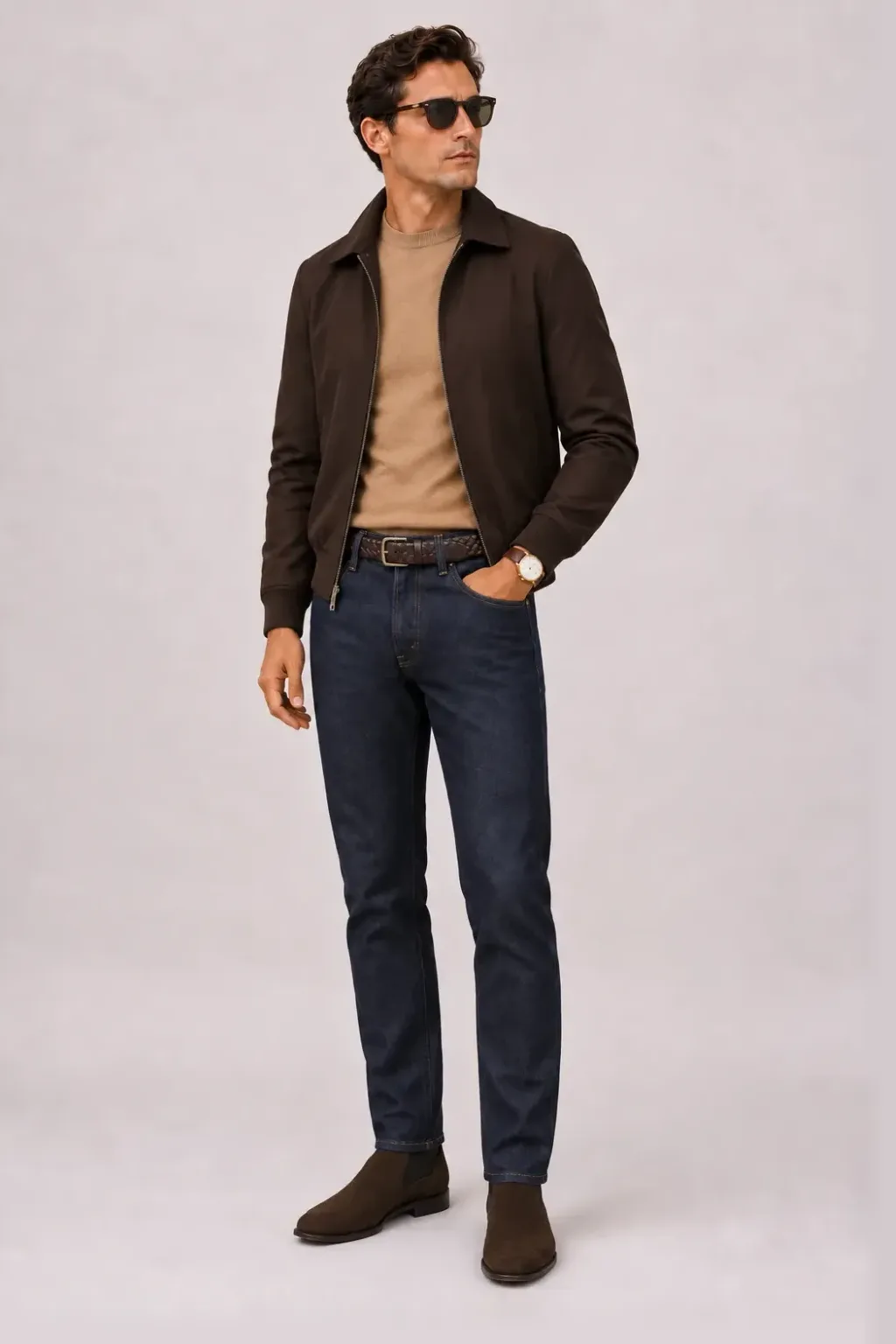 Harrington Blouson Dunkelbraun über Crewneck-Pullover Feinstrick Camel, dazu Jeans Navy und Chelsea Boot Wildleder