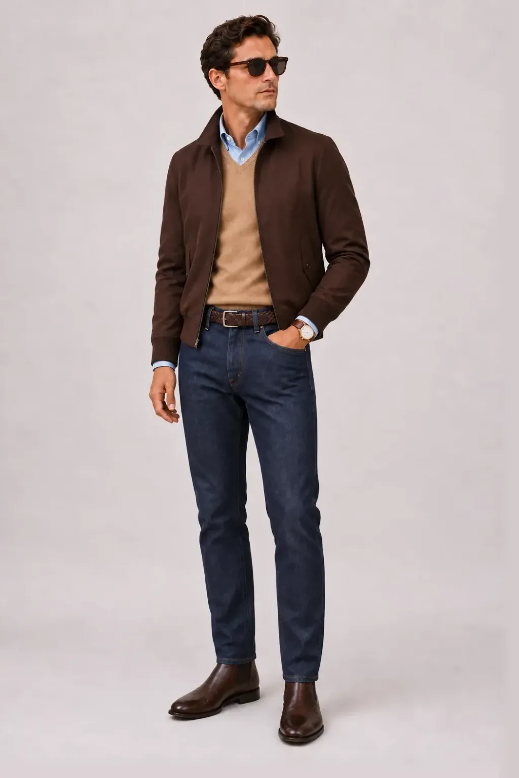Harrington Blouson Dunkelbraun über Half-Zip Pullover Feinstrick, dazu Jeans Navy und Chelsea Boot — V-Neck-Pullover Feinstrick Camel