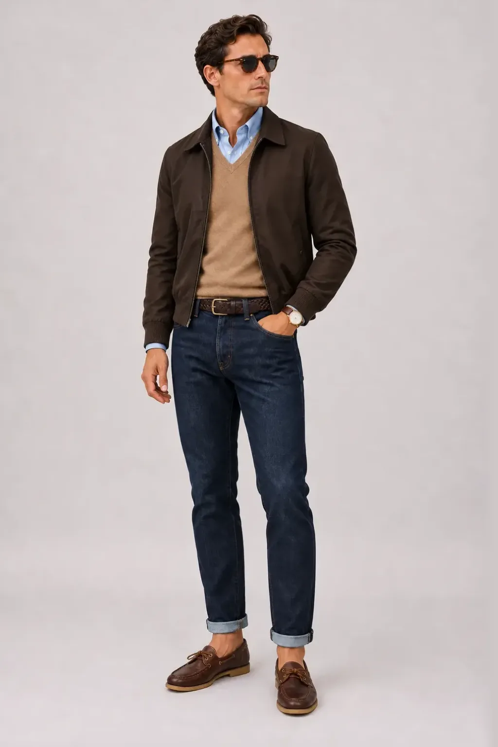 Harrington Blouson Dunkelbraun über V-Neck-Pullover Feinstrick Camel und Button-Down-Hemd Hellblau, dazu Jeans Navy und Chelsea Boot