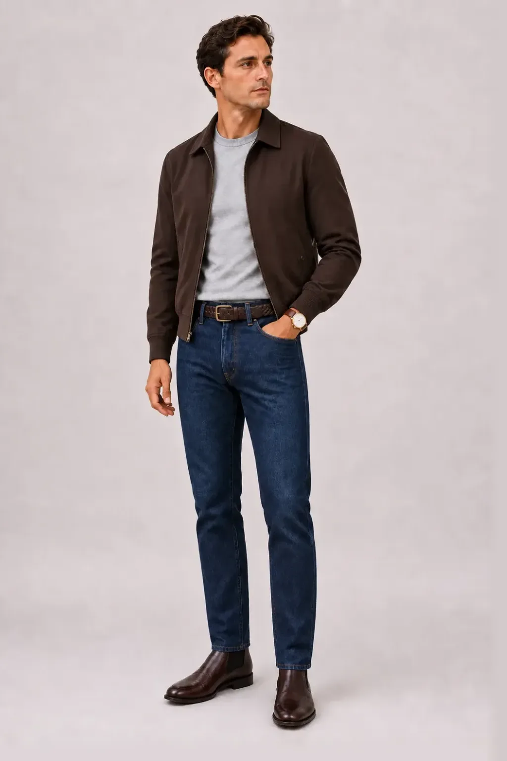Harrington Blouson Dunkelbraun über T-Shirt Hellgrau, dazu Jeans Navy und Chelsea Boot