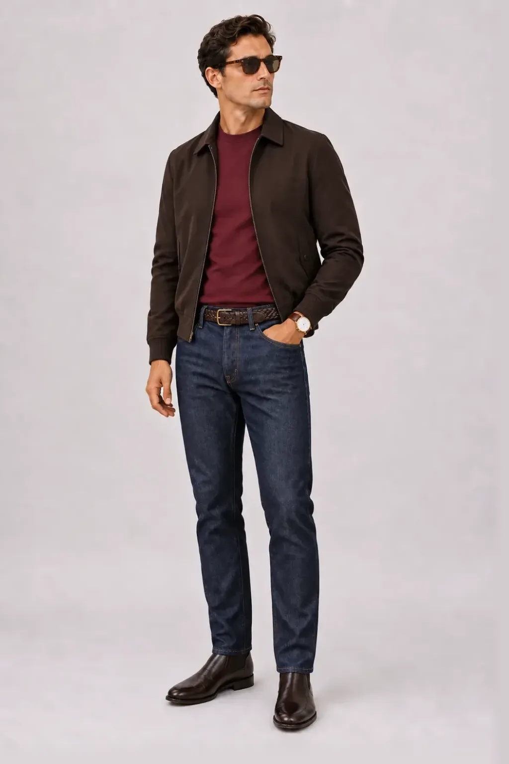 Harrington Blouson Dunkelbraun über T-Shirt, dazu Jeans Navy und Chelsea Boot