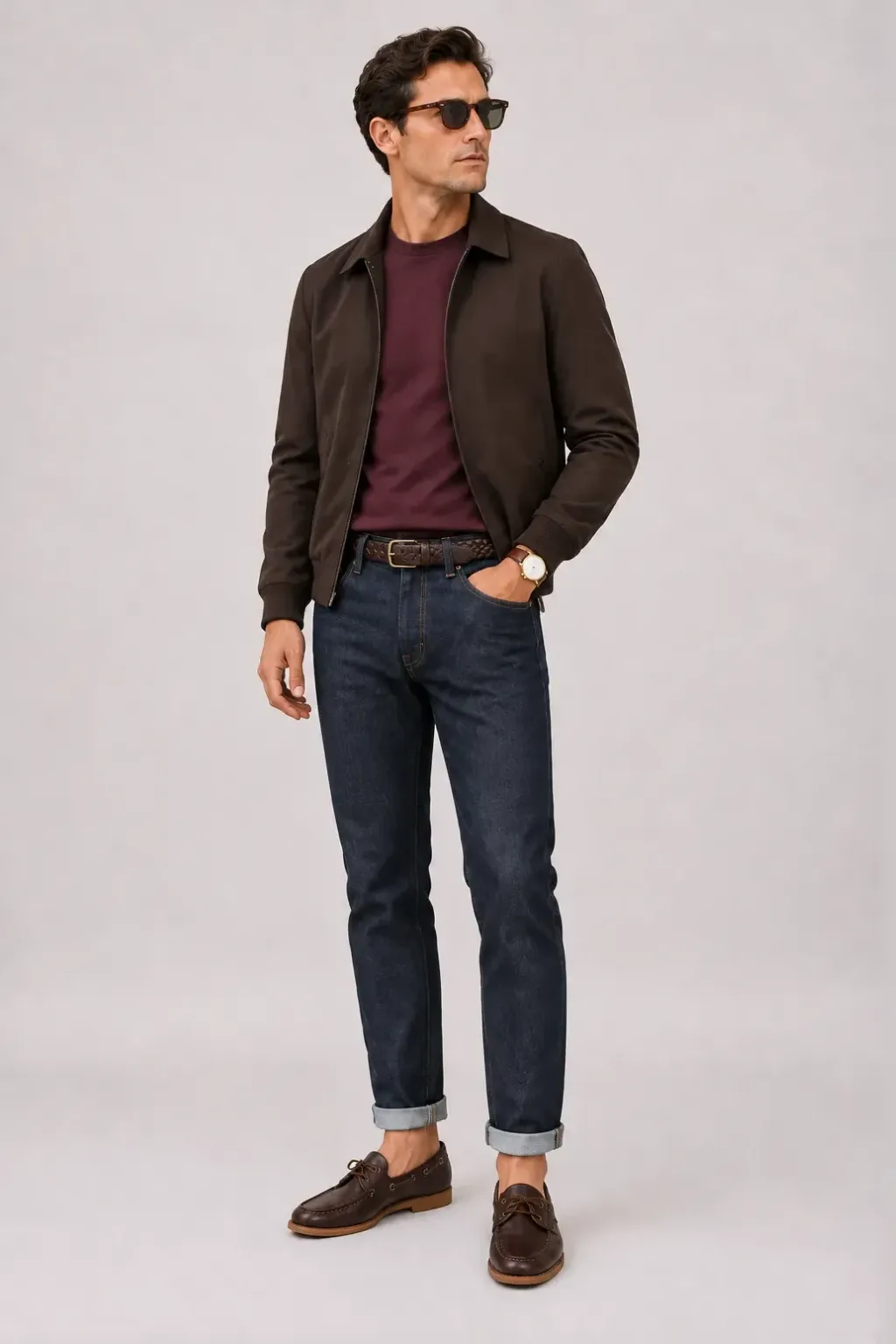 Harrington Blouson Dunkelbraun über T-Shirt, dazu Jeans Navy und Chelsea Boot