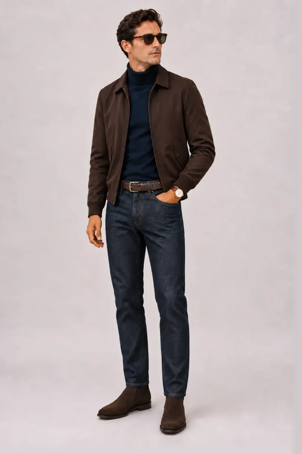 Harrington Blouson Dunkelbraun über Rollkragenpullover, dazu Jeans Navy und Chelsea Boot Wildleder