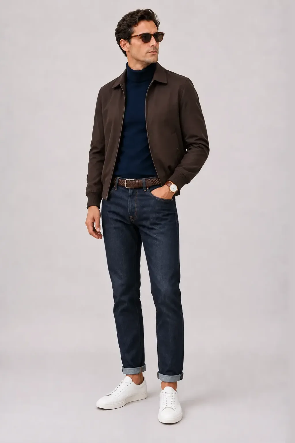 Harrington Blouson Dunkelbraun über Rollkragenpullover, dazu Jeans Navy und Chelsea Boot Wildleder