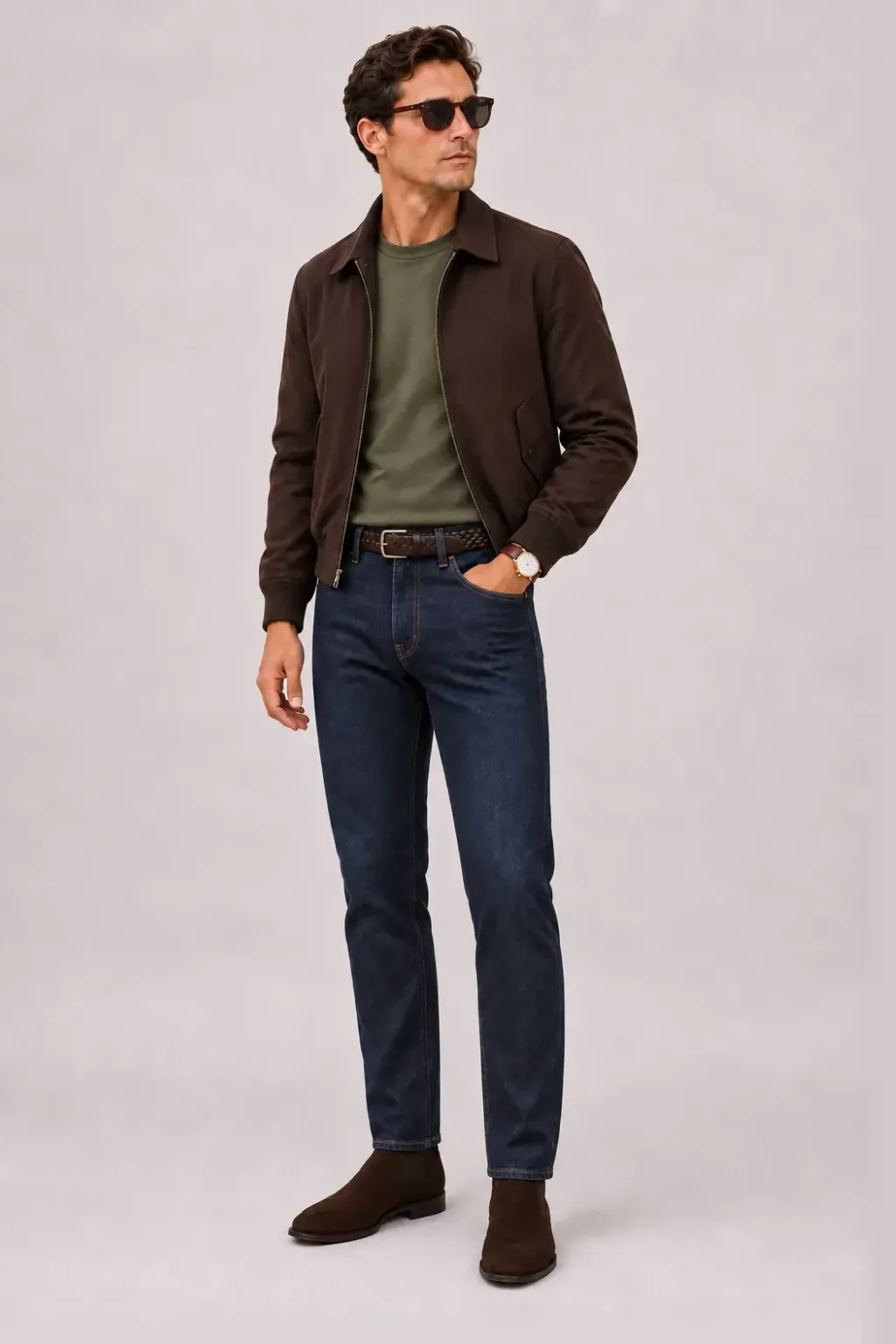 Harrington Blouson Dunkelbraun über Rollkragenpullover, dazu Jeans Navy und Chelsea Boot Wildleder — T-Shirt Oliv