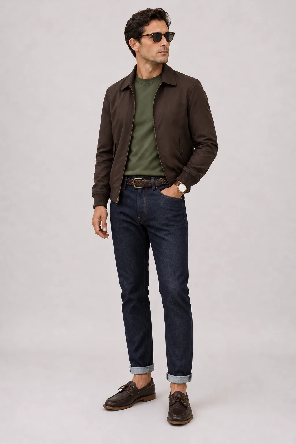 Harrington Blouson Dunkelbraun über T-Shirt, dazu Jeans Navy und Chelsea Boot Wildleder