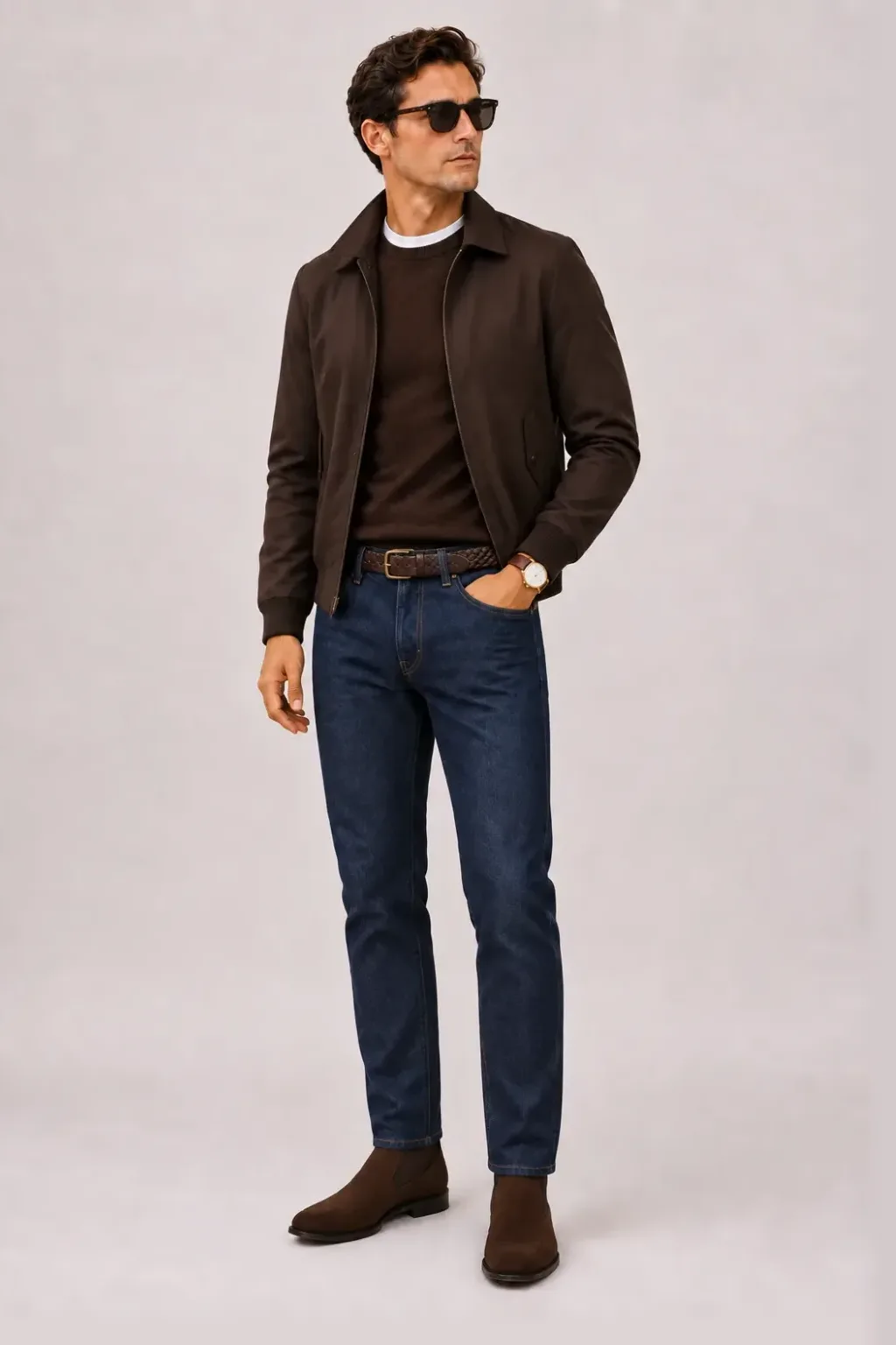 Harrington Blouson Dunkelbraun über Crewneck-Pullover Feinstrick Schokobraun und T-Shirt Weiss, dazu Jeans Navy und Chelsea Boot Wildleder