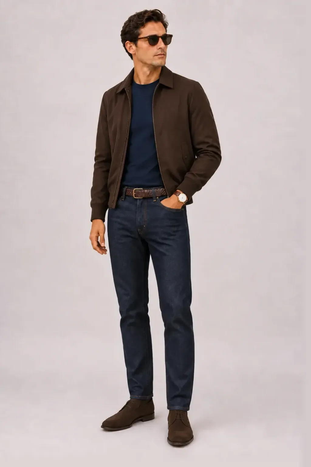 Harrington Blouson Dunkelbraun über T-Shirt, dazu Jeans Navy und Chukka Boot