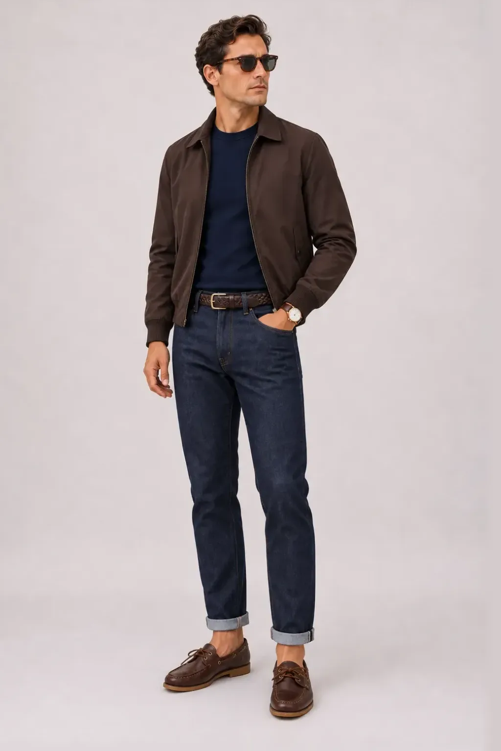 Harrington Blouson Dunkelbraun über T-Shirt, dazu Jeans Navy und Chukka Boot