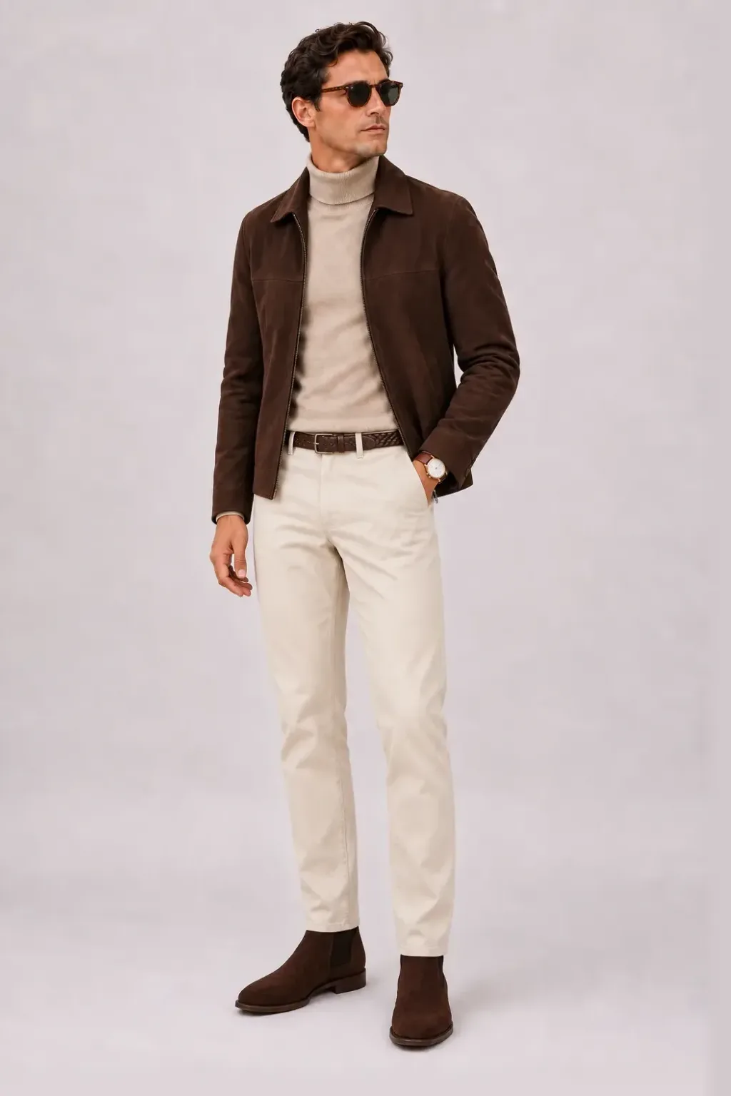 Wildlederjacke Schokobraun über Button-Down-Hemd, dazu Chino Creme und Chelsea Boot Wildleder — Rollkragenpullover Beige