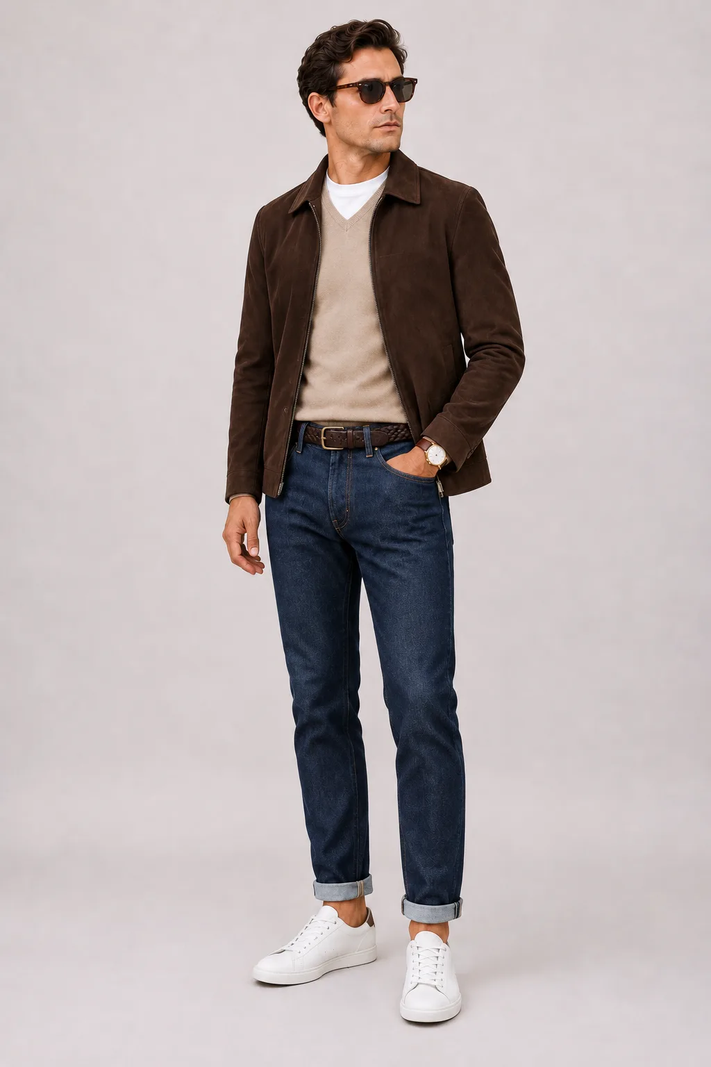 Wildlederjacke Schokobraun über V-Neck-Pullover Feinstrick, dazu Jeans Navy und Sneaker