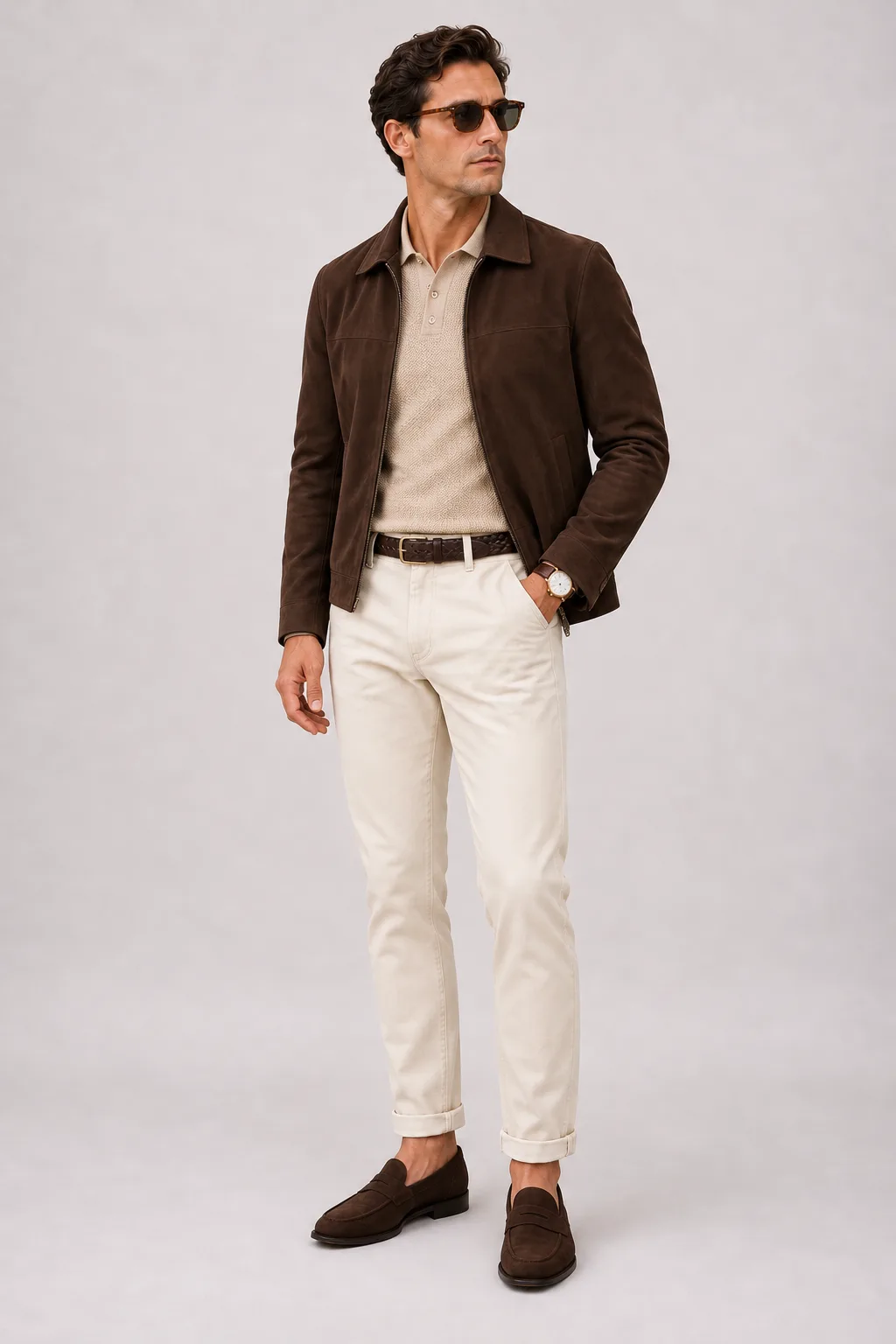 Wildlederjacke Schokobraun über Strickpolo, dazu Chino Creme und Penny Loafer Wildleder