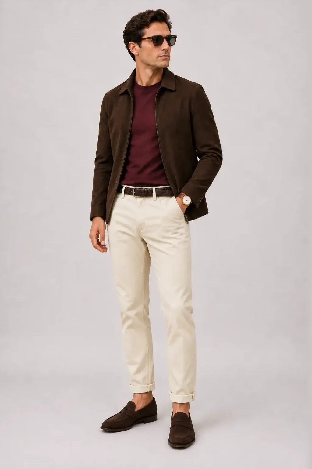 Wildlederjacke Schokobraun über Strickpolo, dazu Chino Creme und Penny Loafer Wildleder — T-Shirt Bordeaux