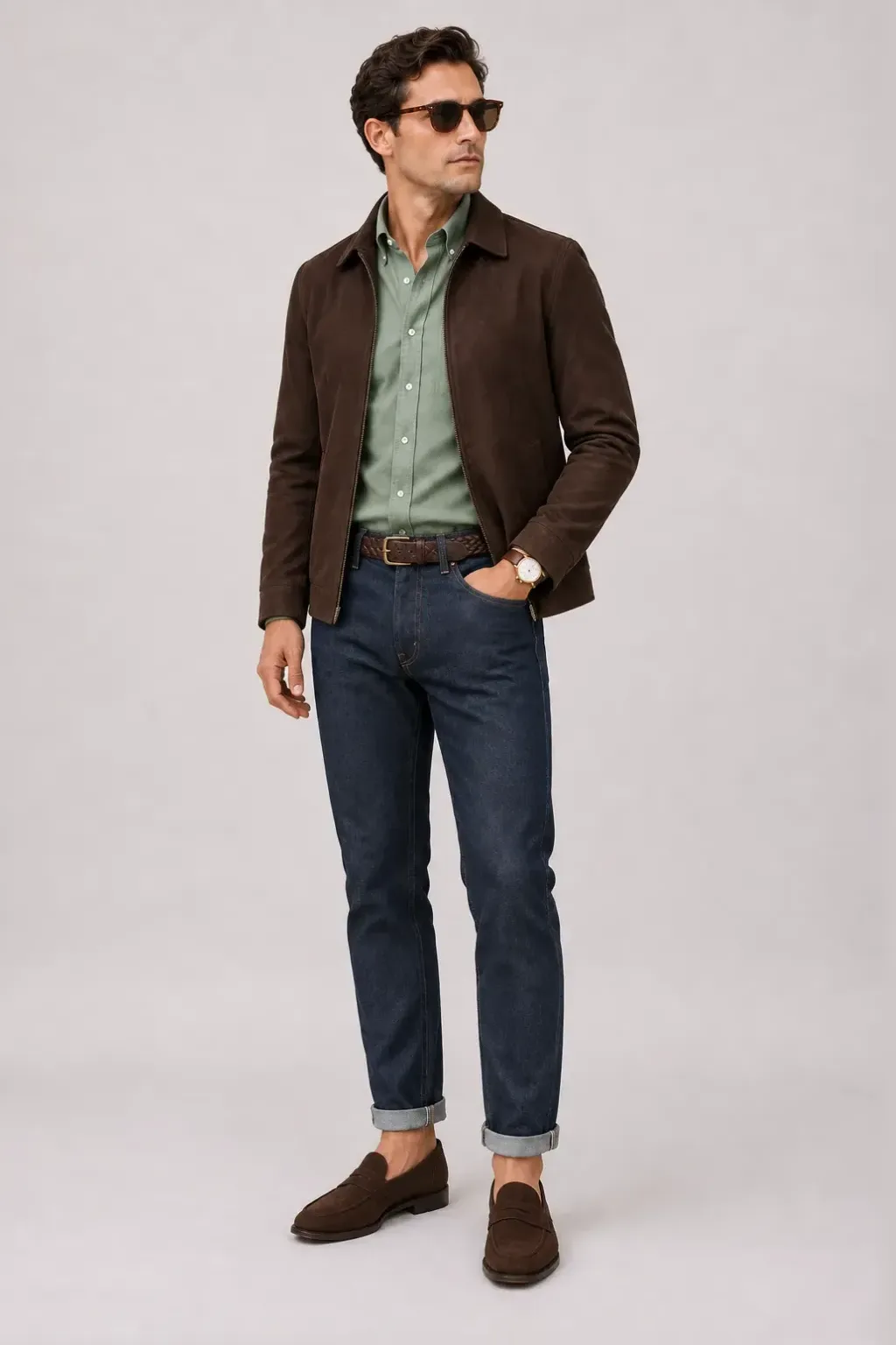 Wildlederjacke Schokobraun über Button-Down-Hemd, dazu Jeans Navy und Penny Loafer Wildleder