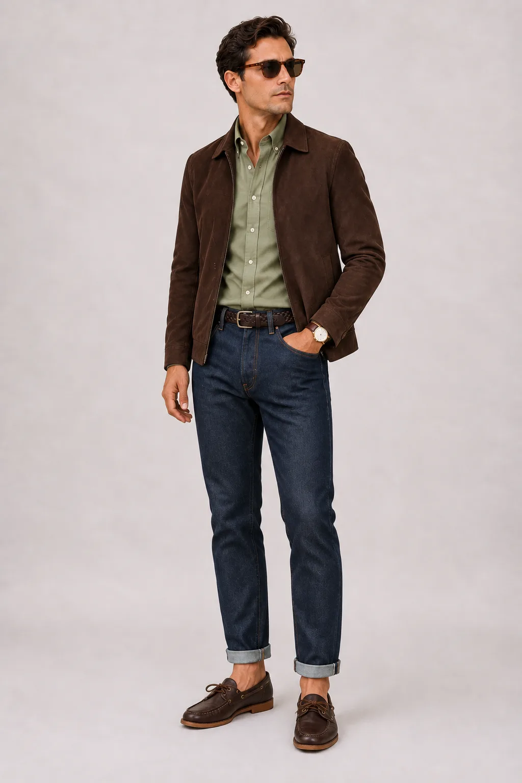 Wildlederjacke Schokobraun über Button-Down-Hemd, dazu Jeans Navy und Penny Loafer Wildleder — Bootsschuh Dunkelbraun