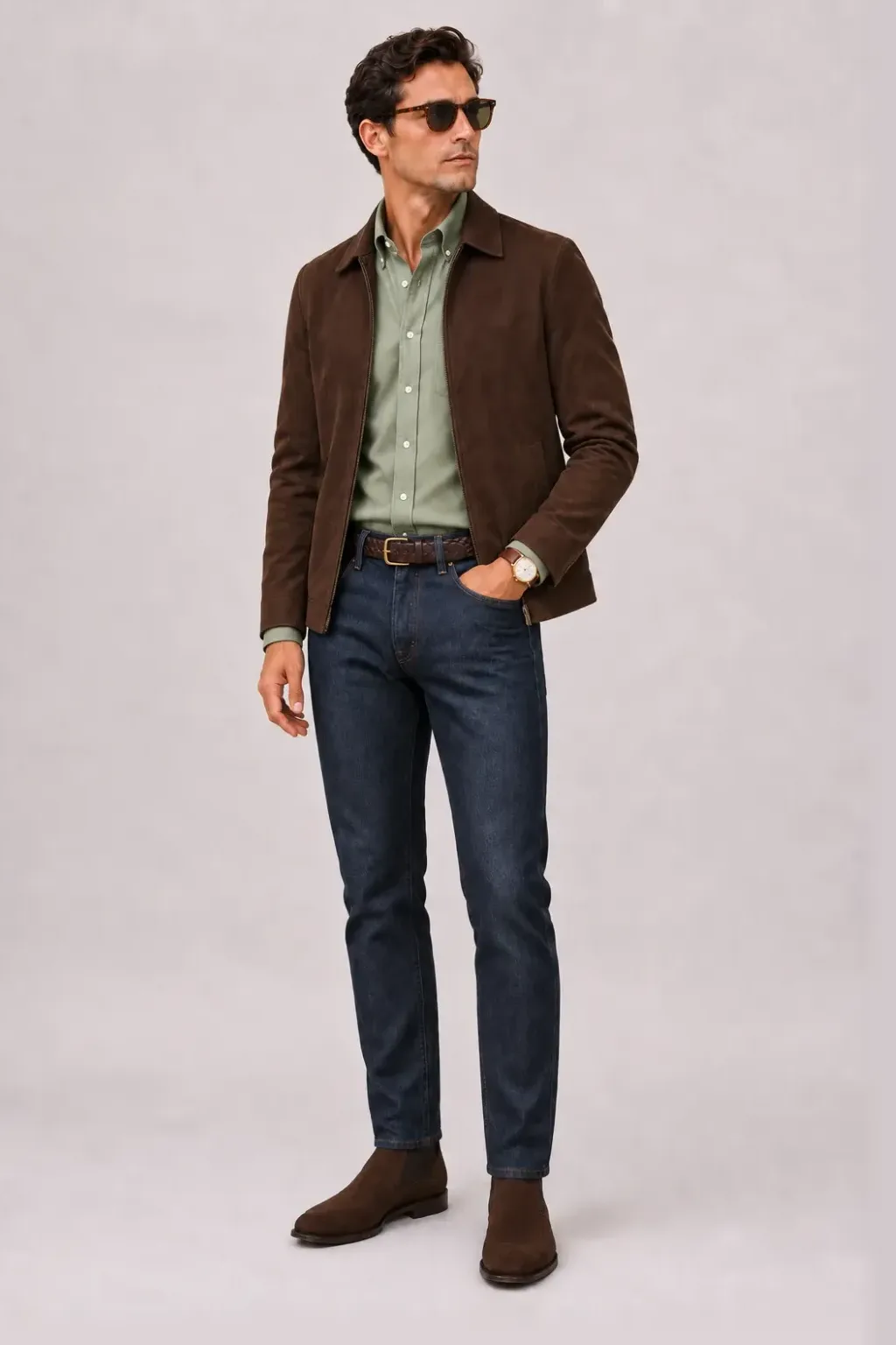 Wildlederjacke Schokobraun über Button-Down-Hemd, dazu Jeans Navy und Penny Loafer Wildleder — Chelsea Boot Wildleder Schokobraun