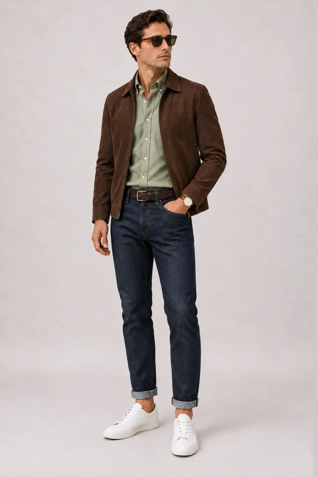 Wildlederjacke Schokobraun über Button-Down-Hemd, dazu Jeans Navy und Penny Loafer Wildleder — Sneaker Weiss
