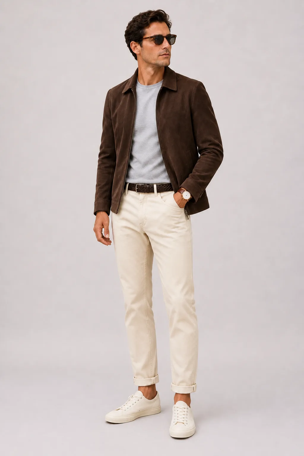 Wildlederjacke Schokobraun über T-Shirt, dazu Chino Creme und Canvas Sneaker