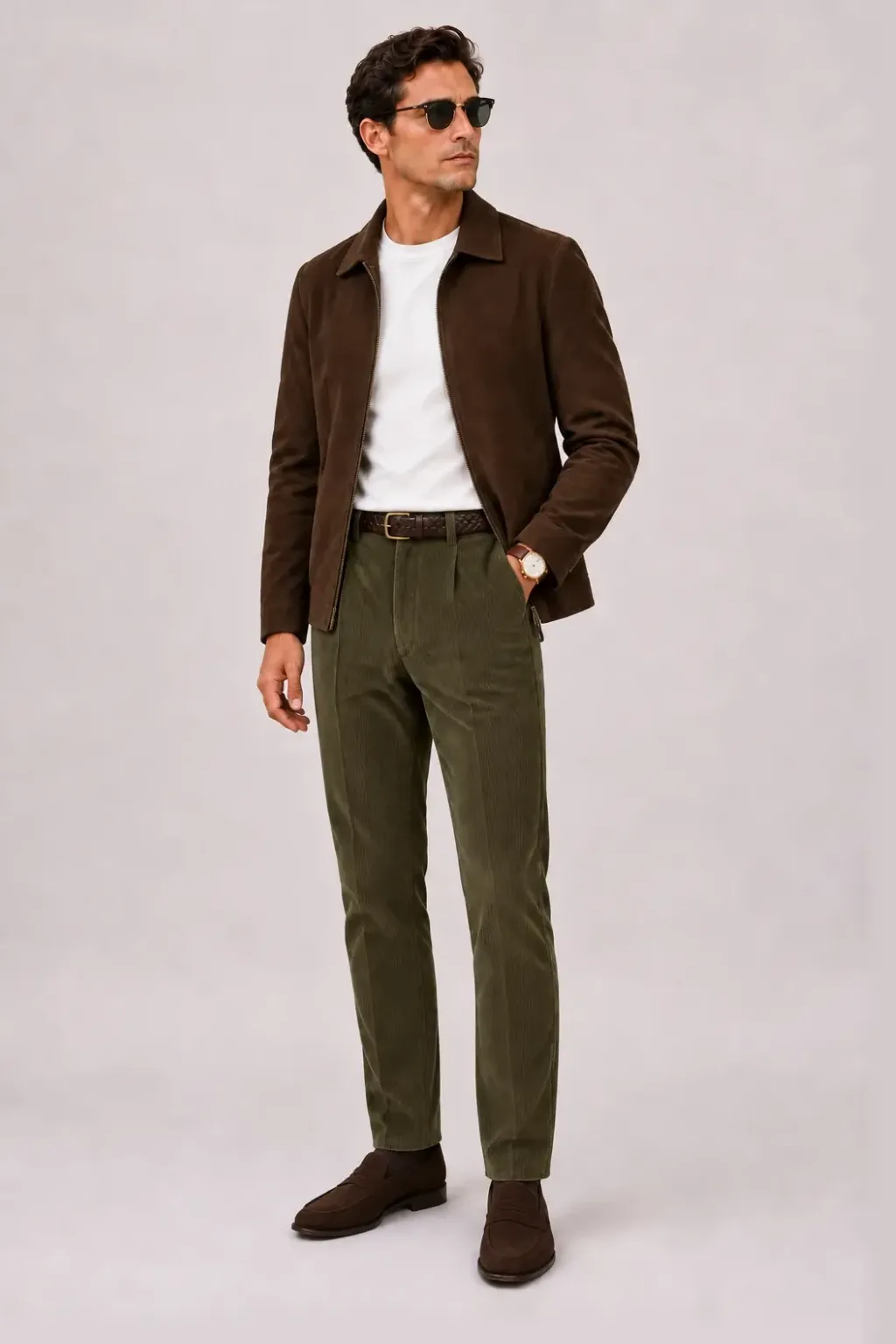 Wildlederjacke Schokobraun über T-Shirt, dazu Cordhose Oliv und Penny Loafer Wildleder