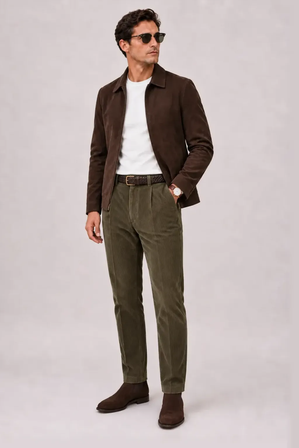 Wildlederjacke Schokobraun über T-Shirt, dazu Cordhose Oliv und Penny Loafer Wildleder