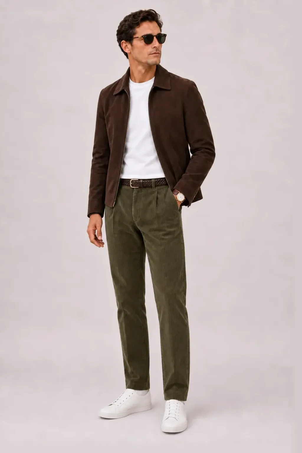 Wildlederjacke Schokobraun über T-Shirt, dazu Cordhose Oliv und Penny Loafer Wildleder — Sneaker Weiss