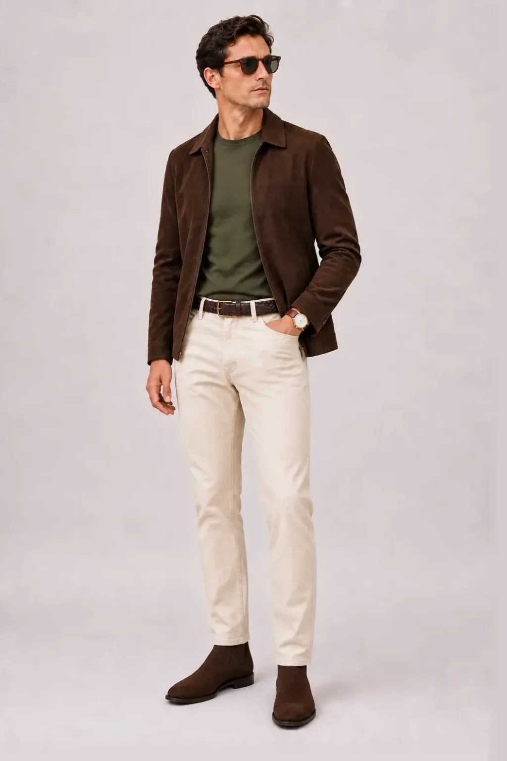 Wildlederjacke Schokobraun über Button-Down-Hemd, dazu Chino Creme und Chelsea Boot Wildleder — T-Shirt Oliv