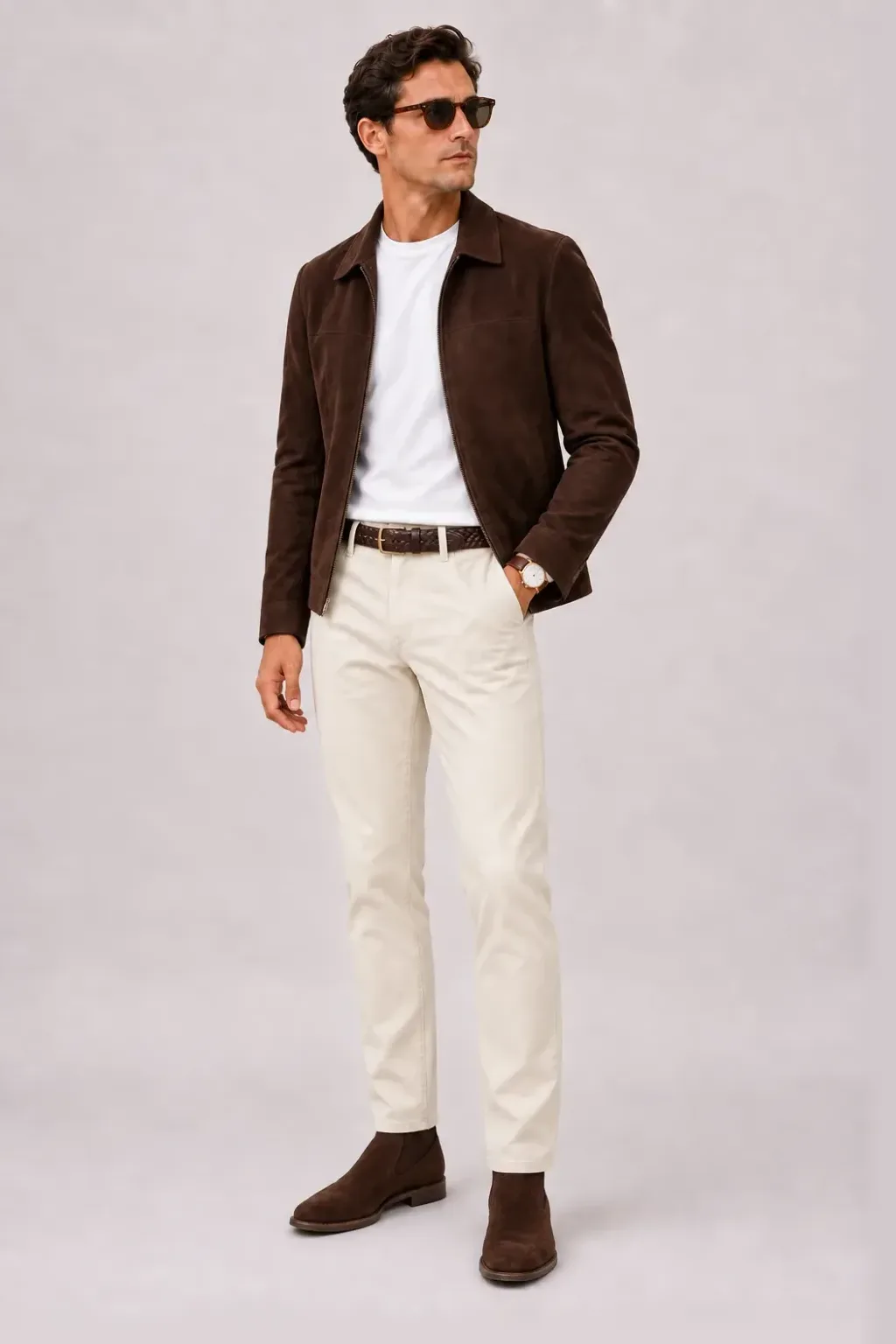 Wildlederjacke Schokobraun über T-Shirt, dazu Chino Creme und Chelsea Boot Wildleder