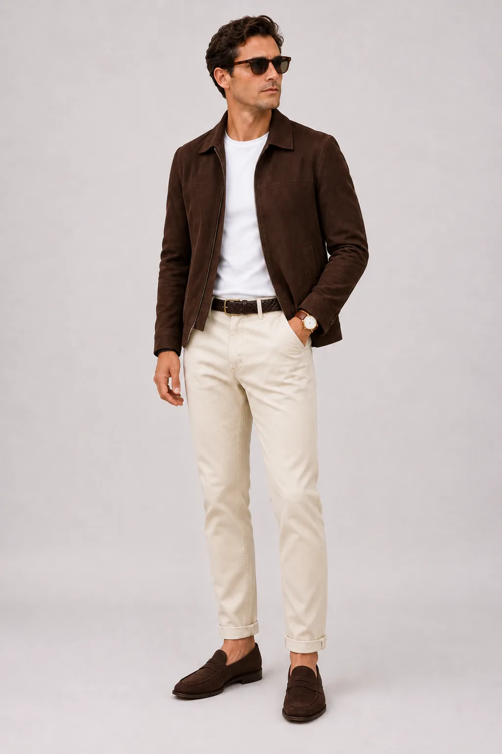 Wildlederjacke Schokobraun über T-Shirt, dazu Chino Creme und Chelsea Boot Wildleder