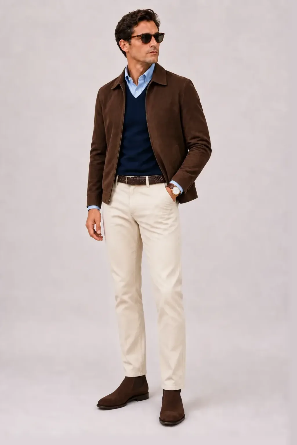 Wildlederjacke Schokobraun über V-Neck-Pullover Feinstrick Navy und Button-Down-Hemd Hellblau, dazu Chino Creme und Chelsea Boot Wildleder