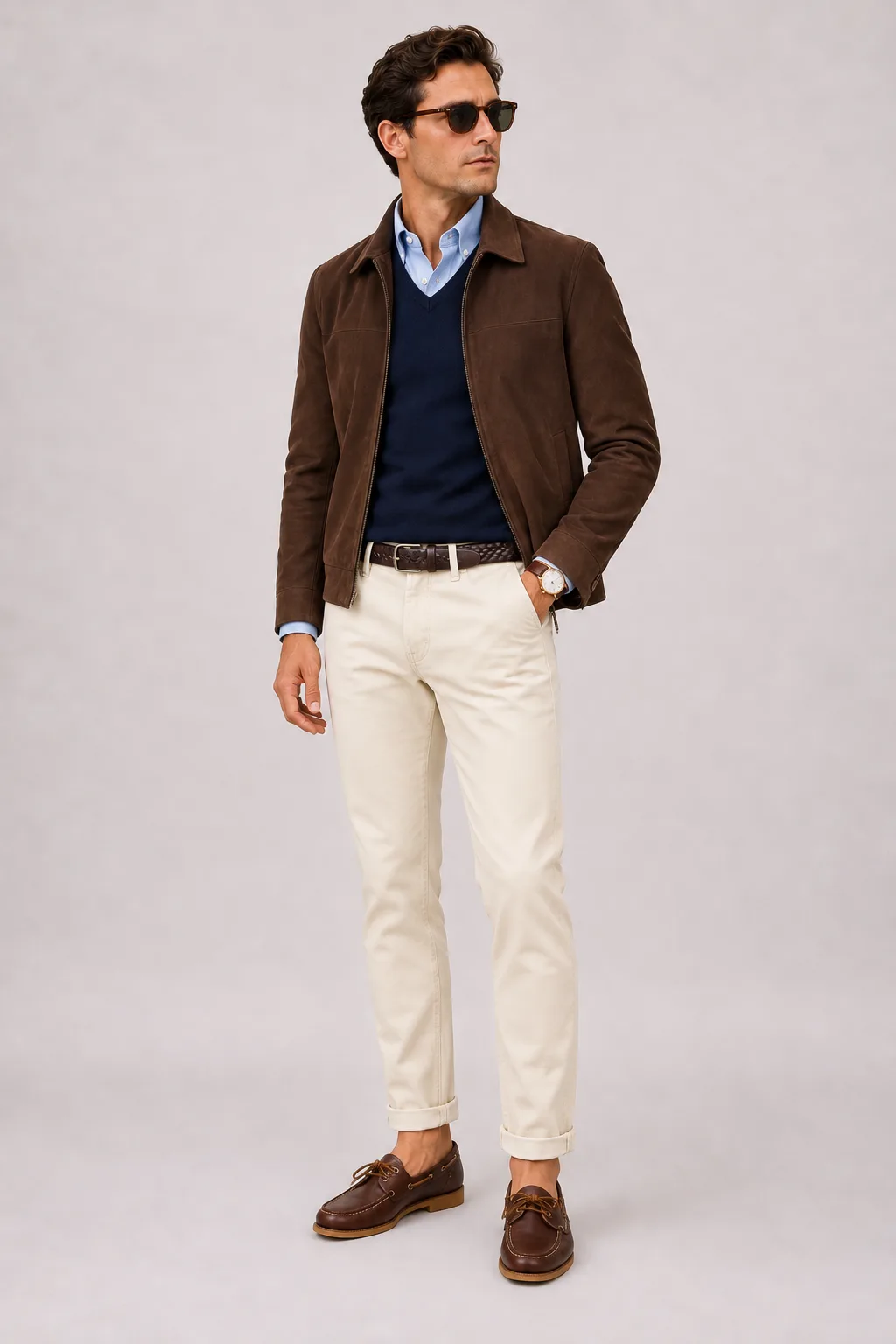 Wildlederjacke Schokobraun über V-Neck-Pullover Feinstrick Navy und Button-Down-Hemd Hellblau, dazu Chino Creme und Chelsea Boot Wildleder