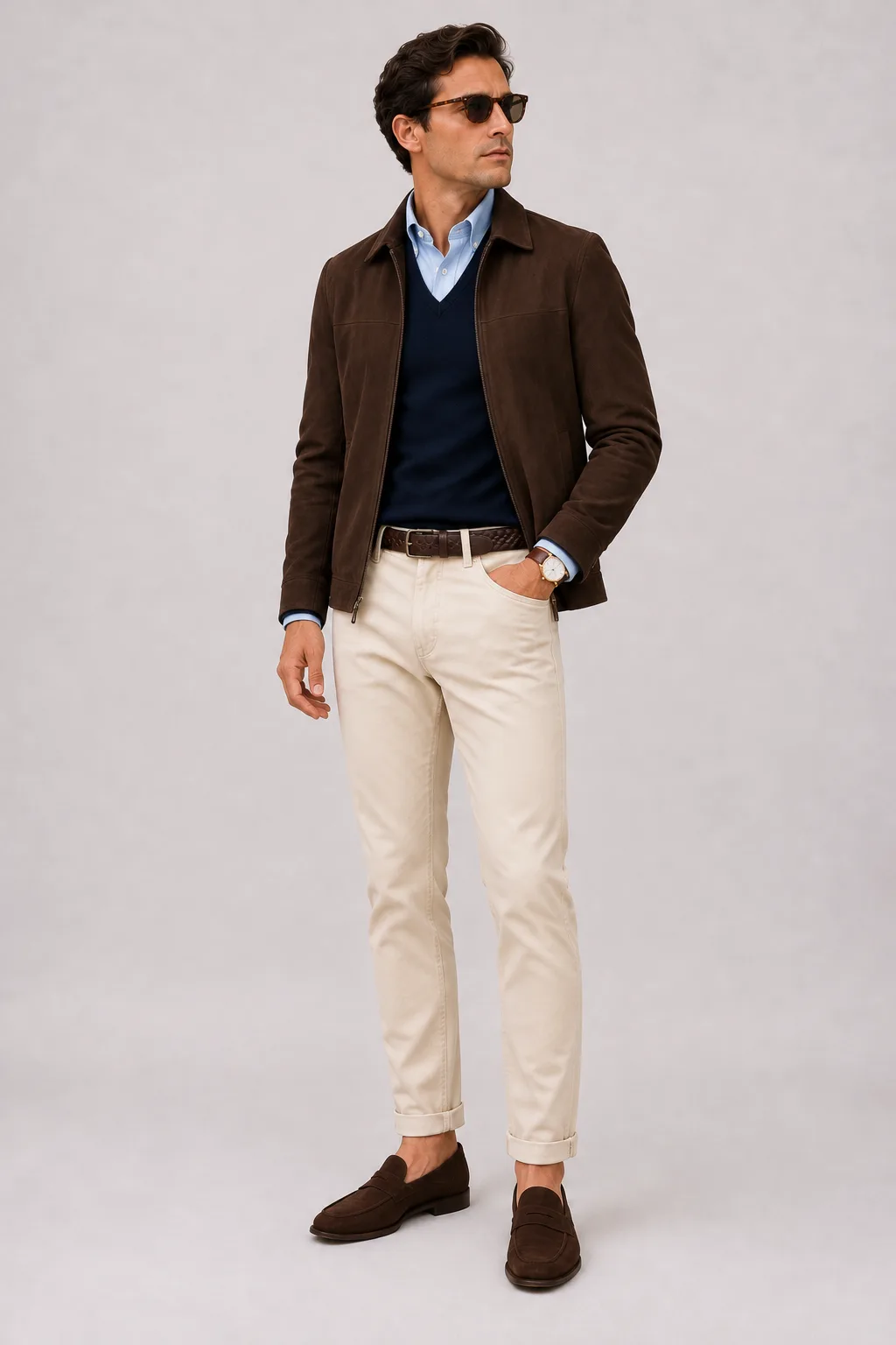 Wildlederjacke Schokobraun über V-Neck-Pullover Feinstrick Navy und Button-Down-Hemd Hellblau, dazu Chino Creme und Chelsea Boot Wildleder — Penny Loafer Wildleder Dunkelbraun